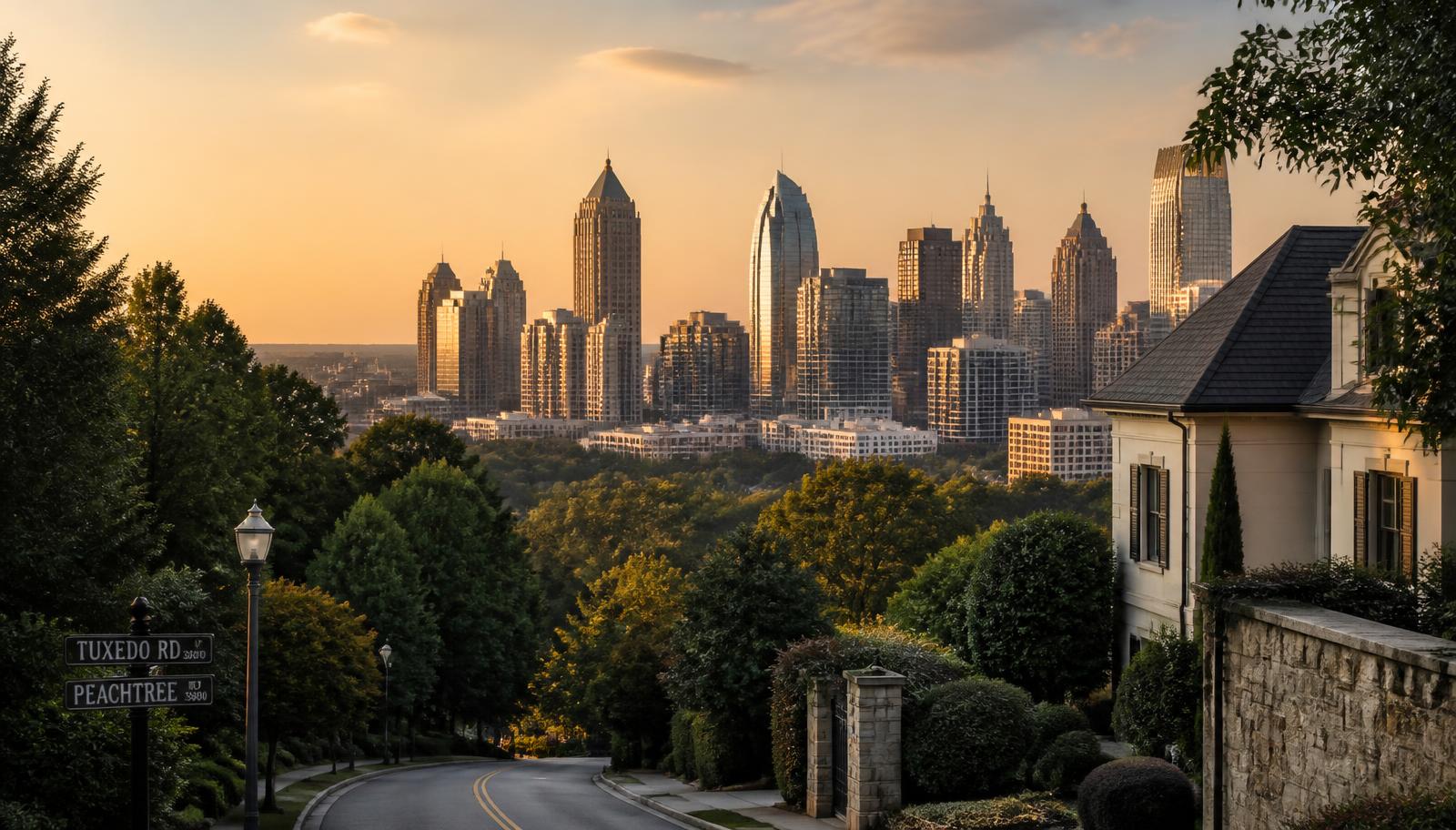 Atlanta skyline at golden hour seen from a tree-lined south metro residential street