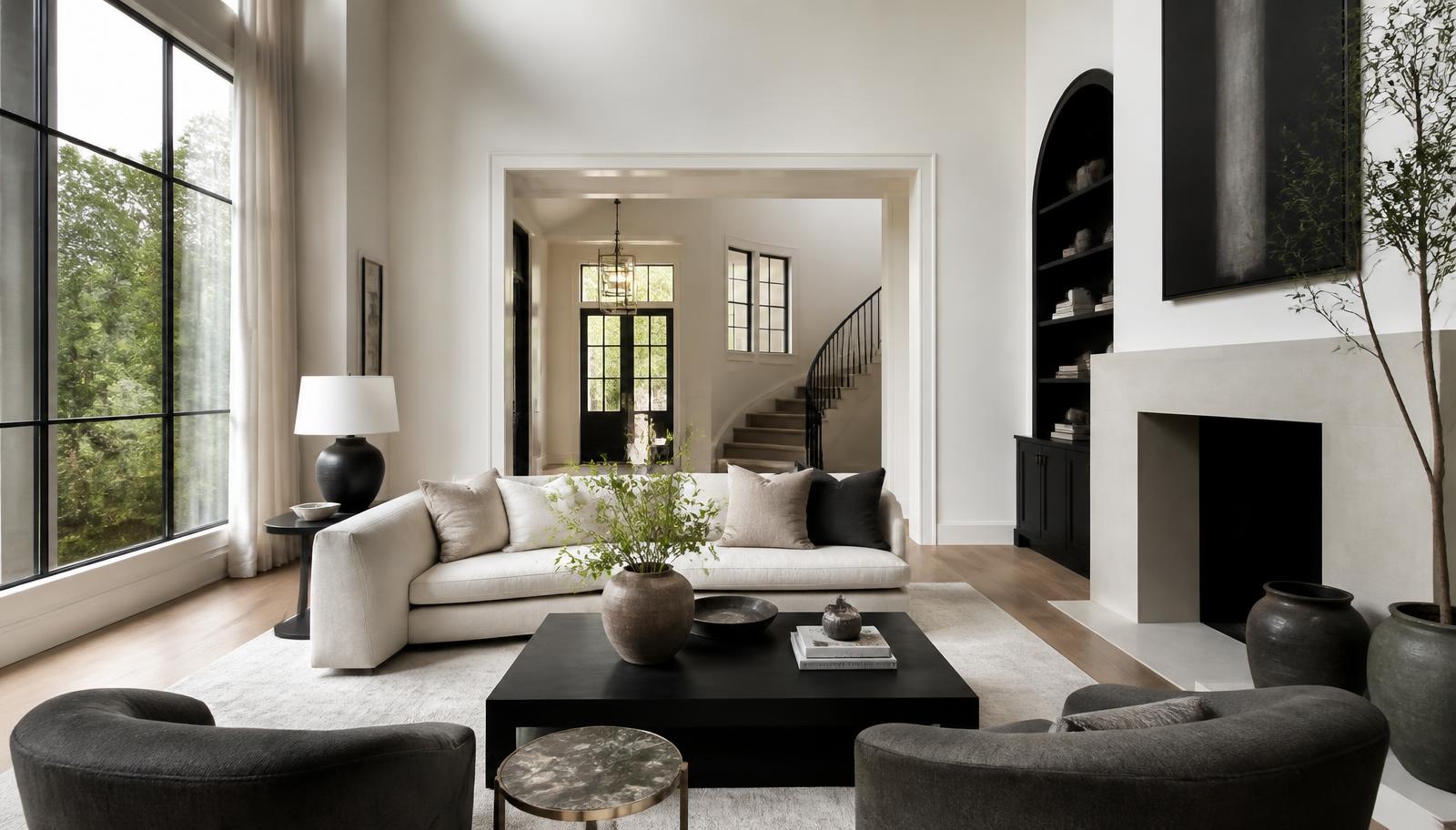 Bright luxury living room interior in an Atlanta home with tall steel windows